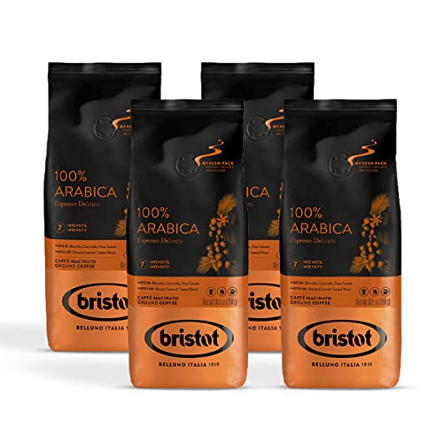 Bristot, Gemahlener Kaffee 100% ARABICA – Insgesamt 1 kg – Kaffeepulver für Moka, Mischung aus Brasilien und Mittelamerika, milde Säure und mässige Intensität – Set mit 4 pro 250 g von Bristot