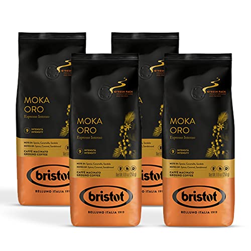 Bristot, Gemahlener Kaffee MOKA ORO – Insgesamt 1 kg – Kaffeepulver für Moka, Mischung mit intensivem Aroma und süßem Geschmack, mittlere Röstung – Set mit 4 pro 250 g von Bristot