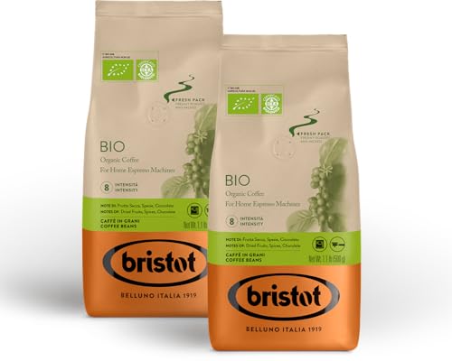 Bristot, Kaffeebohnen BIOLOGISCH – Insgesamt 1 kg – Bohnen mit Aroma von Schokolade, Mandeln, milden Gewürzen – Set mit 2 pro 500 g von Bristot