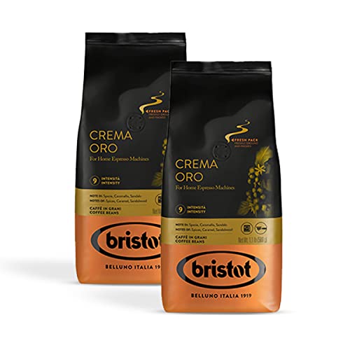 Bristot, Kaffeebohnen CREMA ORO – Insgesamt 1 kg – Mischung mit intensivem Aroma, süßem Geschmack, Gewürzen, Karamell, Sandelholznoten – Set mit 2 pro 500 g von Bristot