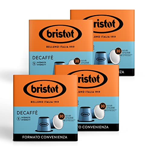 Bristot, Kaffeinfrei – 120 Kapseln kompatibel mit Nespresso – Mischung aus entkoffeiniertem Kaffee mit Kakao und Malznoten – 4 Packungen pro 30 Kapseln von Bristot