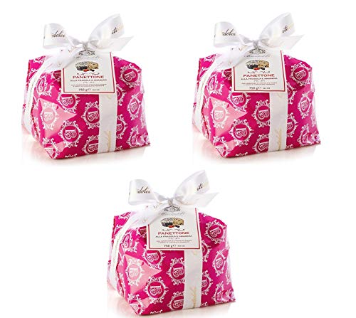 3x Brontedolci Panettone Incartato Fragola e Amarena Weihnachtskuchen mit Erdbeeren und Sauerkirschen bedeckt mit weißer Schokolade und dunklen Schokoladentropfen 750g in Papier verpackt von Brontedolci