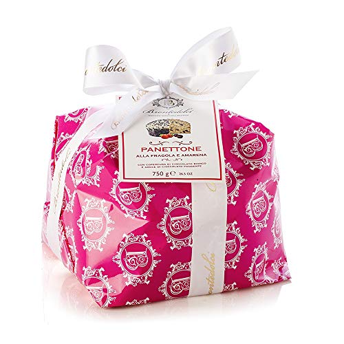 Brontedolci Panettone Incartato Fragola e Amarena Weihnachtskuchen mit Erdbeeren und Sauerkirschen bedeckt mit weißer Schokolade und dunklen Schokoladentropfen 750g in Papier verpackt von Brontedolci