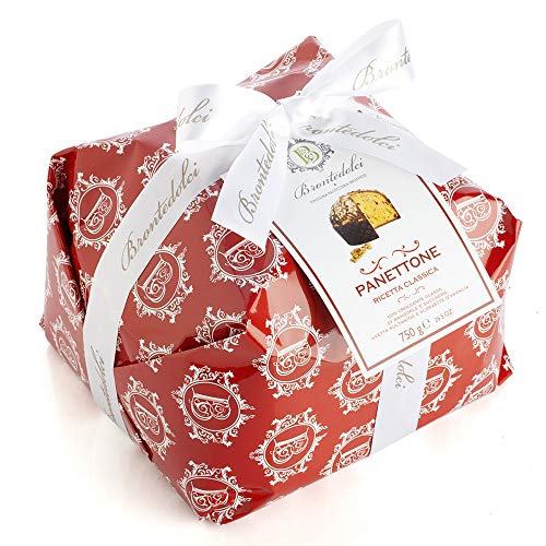 Brontedolci Panettone Incartato Ricetta Classica Weihnachtskuchen mit Rosinen und Orangenschale bedeckt mit Mandeln und Zucker 750g in Papier verpackt von Brontedolci