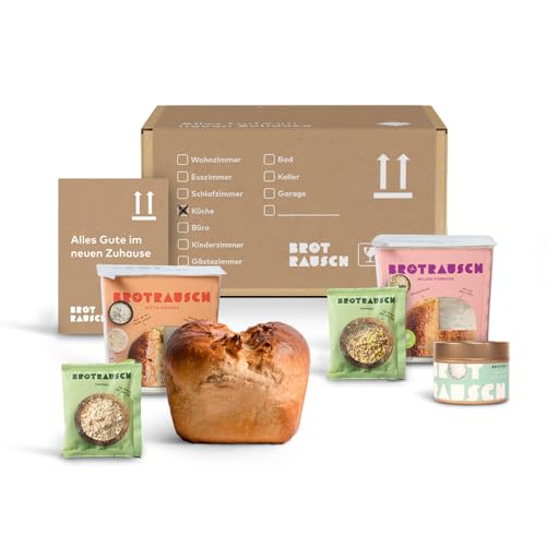 Geschenkset Brot und Salz | Einzugsgeschenk Haus | Brotrausch Geschenk zum Einzug im originellen Umzugskarton, Einzugsgeschenk mit Brotbackmischung und Salz und Brotbackform aus Holz von Brotrausch