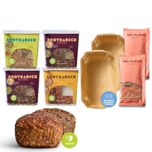 Brotrausch Körnerbrot Brotbackmischungen (4 x 400g) – inkl. Brotbackform aus Holz - natürlich, vegan und ohne Chemie - Dinkel, Paleo, Lower Carb & Vollkorn, Brot backen von Brotrausch