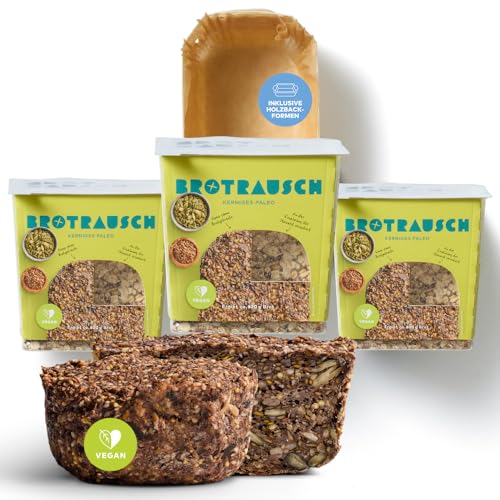 Brotrausch Paleo Brotbackmischung Brot 3er Pack | 3 x 400g inkl. Brotbackform aus Holz | natürlich, vegan, ohne Zusatzstoffe, lower carb, hefefrei, ohne Weizen von Brotrausch