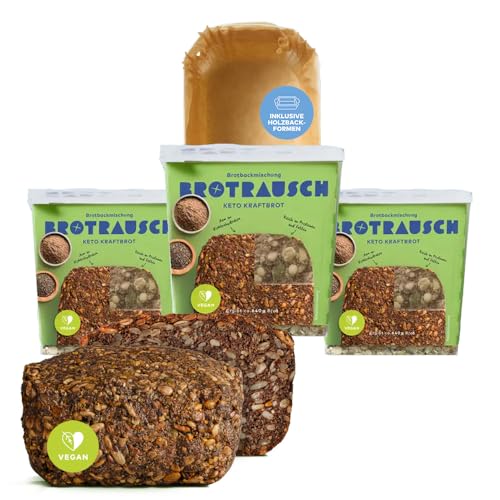 Brotrausch Keto Brotbackmischung lower carb | 3 x 400g inkl. Brotbackform aus Holz | natürlich, vegan, ohne Zusatzstoffe, kohlenhydratarm, hefefrei, ohne Gluten von Brotrausch