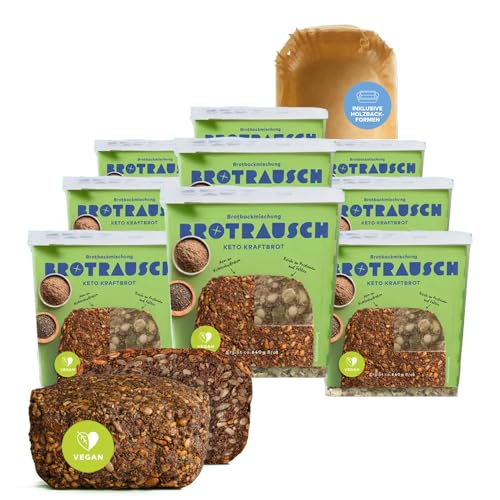 Brotrausch Keto Brotbackmischung lower carb | 9 x 400g inkl. Brotbackform aus Holz | natürlich, vegan, ohne Zusatzstoffe, kohlenhydratarm, proteinreich, ohne Gluten (9er Paket) von Brotrausch