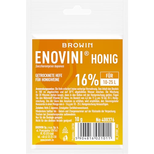 BROWIN® Getrocknete Hefe für Honigweine Enovini Honig 400376 | 10 g | Spezielle Trockenhefe für die Herstellung von Honigweinen | Optimale Gärung und erstklassiger Geschmack von Browin