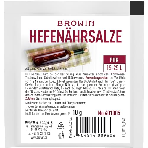 BROWIN® Hefenährsalze 10g 401005 | Optimale Nährstoffversorgung für Hefen | Perfekt für die Wein- und Bierherstellung | Erhöht die Gärleistung und Qualität Ihrer Getränke von Browin