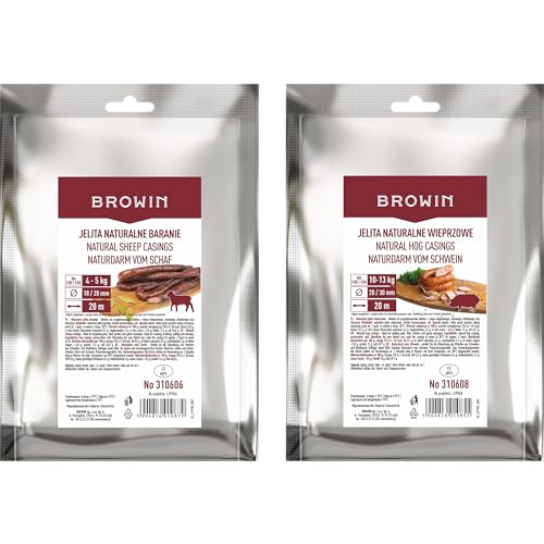 BROWIN® Naturdarm Set 310614 | Schweinedärme 28/30 mm und Schafdärme 18/20 mm Premium Naturdarm für hausgemachte Wacholderwurst, Weißwurst, Bratwurst | 20 Meter | 10 bis 13 kg Fleisch von Browin