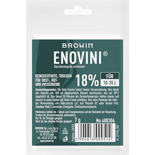 BROWIN® Reinzuchthefe Trocken Enovini 400306 | Ideal für Wein-, Bier- und Spirituosenherstellung | Hochwertige Trockenhefe für zuverlässige Gärung und optimale Ergebnisse [ 7g ] von Browin