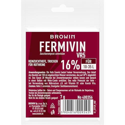 BROWIN® Reinzuchthefe Trocken Fermivin VR5 400356 | 7g | edle Weinhefe für ​für Rotweinherstellung | Saccharomyces cerevisiae süße und trockene Weine von Browin