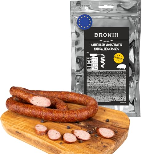 BROWIN® Schweinedarm 310603 | Premium Naturdarm für hausgemachte Würstchen, Wacholderwurst, Weißwurst, Bratwurst | Kaliber 28/30mm, 3-8 m, 20 Meter | 10 bis 13 kg Fleisch von Browin