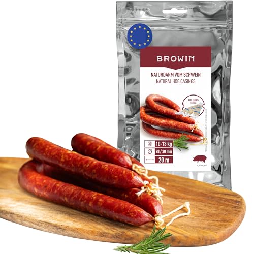 BROWIN® Naturdarm für Wurst | Premium Naturdarm für hausgemachte Würstchen, Wacholderwurst, Weißwurst, Bratwurst (Kaliber 28/30 m, 20 Mete auf Tubes, Schweinedarm) von Browin