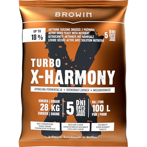 BROWIN® Turbohefe X-Harmony 403206 | Gärhefe bis 18% Alkohol in 5 Tagen für 100 Liter und für 28kg Zucker 360 g | Leicht klärend von Browin