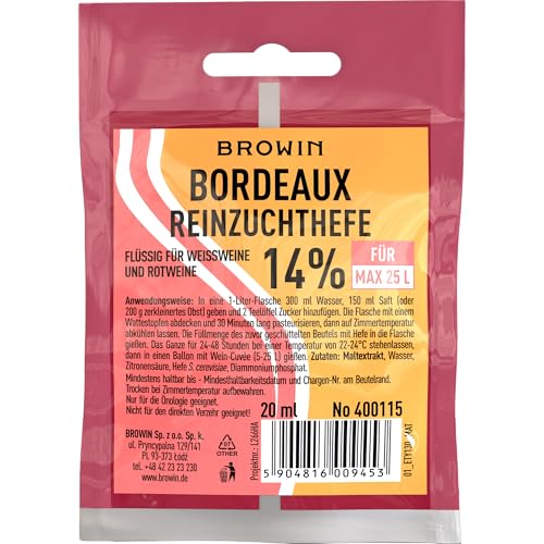 BROWIN® Weinhefe Bordeaux – Premium Reinzuchthefe für Rotwein | für Weine aus Kirschen, Himbeeren, Brombeeren, Johannisbeeren, Trauben, Heidelbeeren | für das Ansetzen von 25 l Wein von Browin