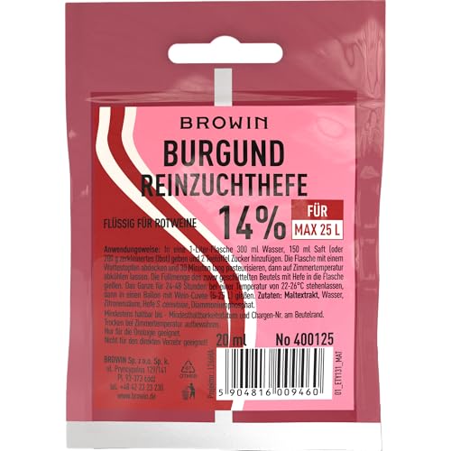 BROWIN® Weinhefe Burgund 400125 | 20ml | edle Weinhefe für Ideal für Rotweine aus dunklen Weinbeeren, Apfelbeeren, Brombeeren, Johannisbeeren, Holunder | für das Ansetzen von 25 l Wein von Browin