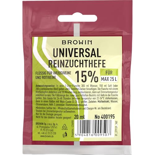 BROWIN® Weinhefen Universal 400195 | 20ml | edle Weinhefe für Weiß- und Rotweine und für alle Arten von Früchten | für das Ansetzen von 25 l Wein von Browin