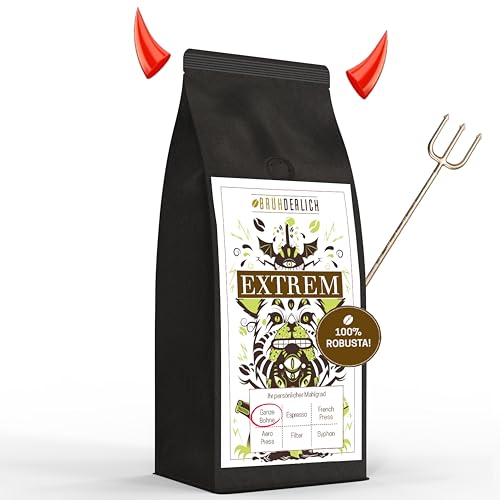 BRÜHDERLICH Extrem (1kg) - Premium Robusta Kaffeebohnen - Ganze Kaffeebohnen extra stark mit viel Koffein – Espresso Robustabohnen säurearm frisch aus der Rösterei von Brühderlich