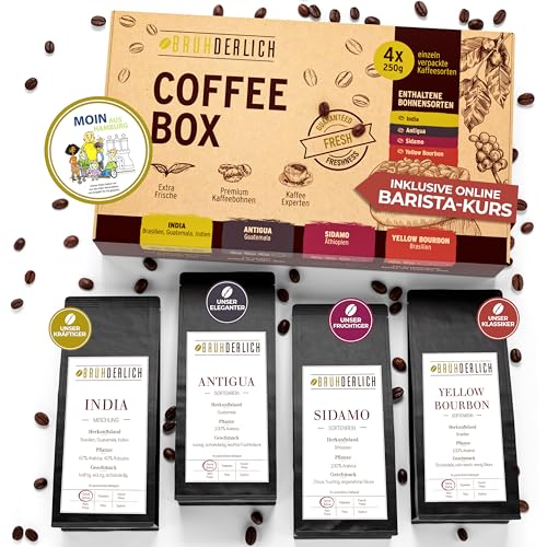 BRÜHDERLICH Kaffeebohnen Probierset ganze Bohnen - Frisch aus der Rösterei - Premium Kaffee Geschenk - Geschmackliche Vielfalt - Kaffee Geschenkset - Barista Kaffeebohnen - Kaffee Probierset 4 x 250g von Brühderlich