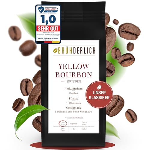 BRÜHDERLICH Yellow Bourbon Premium Arabica Kaffeebohnen säurearm (1kg) - Besondere Kaffeebohnen aus Brasilien - Harmonische Grundsüße und weiches Aroma - Coffee Beans - Außergewöhnlich mild von Brühderlich