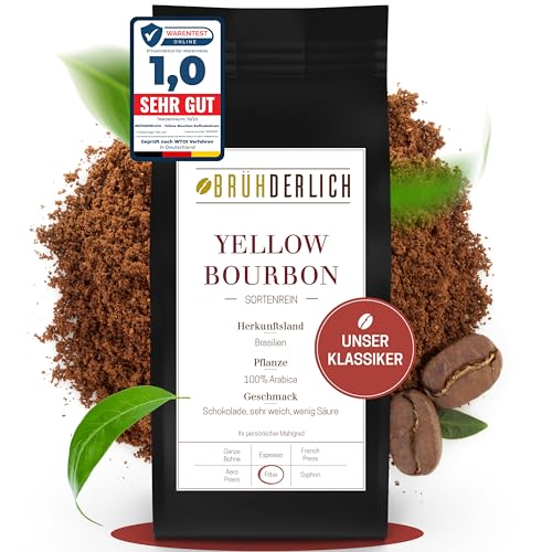 BRÜHDERLICH Yellow Bourbon Premium Kaffeebohnen Gemahlen (1kg) - Außergewöhnlich Mild und Säurearm - Besonderer Arabica Kaffee aus Brasilien - Frisch Gemahlen direkt aus der Rösterei von Brühderlich