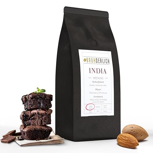 Brühderlich INDIA - Premium Espresso Blend - 60% Arabica und 40% Robusta Kaffeebohnen - Geröstete Espressobohnen - Säurearm und mit vollem Körper - Ideal für Siebträger und Vollautomaten (1kg) von Brühderlich