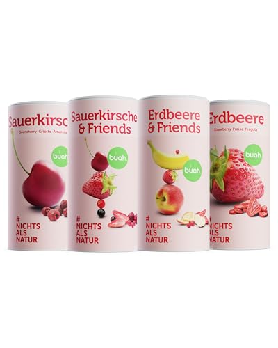 BUAH® Friends Set - Gefriergetrocknete Erdbeere, Erdbeere & Friends, Sauerkirsche, Sauerkirsche & Friends | Fruchtchips Als Snack Oder Für Smoothies | Idealer Süßigkeiten Ersatz | Ohne Zuckerzusatz von Buah