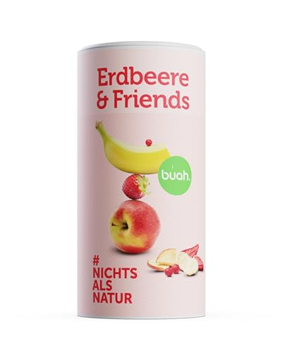 BUAH® Gefriergetrocknete Früchte Mix | Gefriergetrocknete Erdbeeren, Bananen, Äpfel & Johannisbeeren ohne Zuckerzusatz | 100% Frucht | Vegan, Glutenfrei, Laktosefrei (140g) von Buah