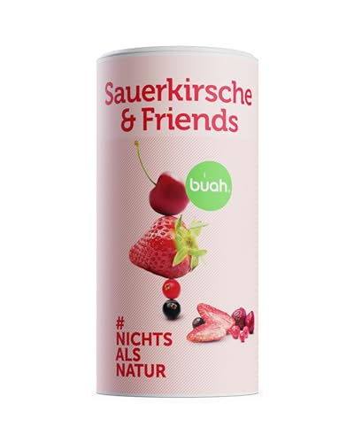 BUAH® Gefriergetrocknete Früchte Mix | Gefriergetrocknete Sauerkirschen, Erdbeeren, Rote & Schwarze Johannisbeeren ohne Zuckerzusatz |100% Frucht | Vegan, Glutenfrei, Laktosefrei (128g) von Buah