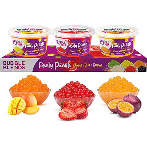 Popping Boba Fruchtperlen Mango, Pfirsich, Erdbeere Sortenpaket - 3 x 450g Bubble Blends Boba Perlen mit Fruchtsaft – Milchfrei, 100% Fett- & Glutenfrei - Boba Bubble Tea Perlen von Bubble Blends