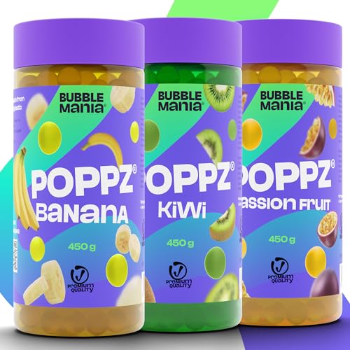 BubbleMania POPPZ® Bubble Tea Perlen | 3er Pack Fruchtperlen – Maracuja, Kiwi, Banane | Vegane Boba Tapioka Perlen für Getränke & Desserts von BubbleMania