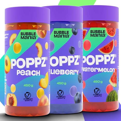 BubbleMania POPPZ® Bubble Tea Perlen | 3er Pack Fruchtperlen – Wassermelone, Pfirsich, Blaubeere | Vegane Boba Tapioka Perlen für Getränke & Desserts von BubbleMania