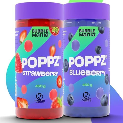 POPPZ Bubble Tea Perlen für Bubble Tea | Popping Boba Fruchtperlen | Fuchtige Tapioka Perlen and Boba Perlen von Bubble Mania | Fertig für den Verzehr (Erdbeere, Blaubeere, Pack of 2) von BubbleMania