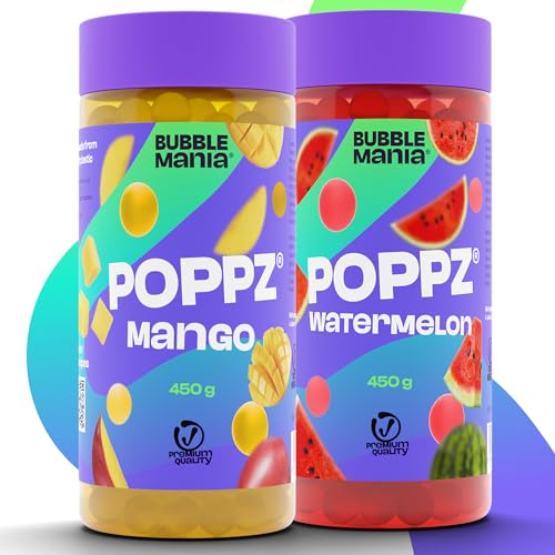 POPPZ Bubble Tea Perlen für Bubble Tea | Popping Boba Fruchtperlen | Fuchtige Tapioka Perlen and Boba Perlen von Bubble Mania | Fertig für den Verzehr (Mango, Wassermelone, Pack of 2) von BubbleMania
