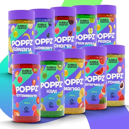 BubbleMania POPPZ® Bubble Tea Perlen | 10er Pack Fruchtperlen – Erdbeere, Kiwi, Mango, Wassermelone, Litschi, Banane, Blaubeere, Kirsche, Pfirsich, Apfel | Vegane Boba Perlen für Getränke & Desserts von BubbleMania