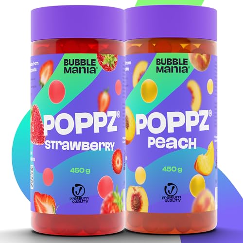 BubbleMania POPPZ® Bubble Tea Perlen | 2er Pack Fruchtperlen Set – Erdbeere, Pfirsich | Vegane Boba Tapioka Perlen für Getränke & Desserts von BubbleMania