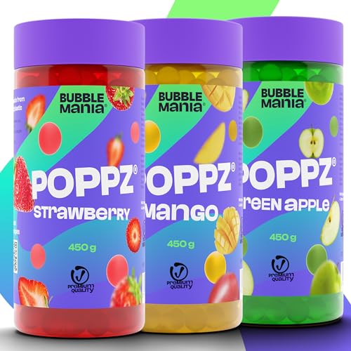 BubbleMania POPPZ® Bubble Tea Perlen | 3er Pack Fruchtperlen – Erdbeere, Mango, Grüner Apfel | Vegane Boba Tapioka Perlen für Getränke & Desserts von BubbleMania