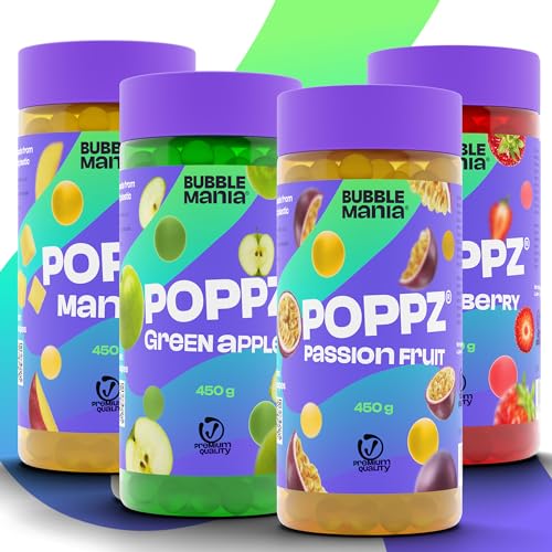 POPPZ Popping Boba Fruchtperlen für Bubble Tea Mix | Erdbeere, Mango, Maracuja, Grüner Apfel – Bubble Tea Perlen Packung mit 4 fruchtigen Sorten Tapioka Perlen von Bubble Mania - je 450 G von BubbleMania