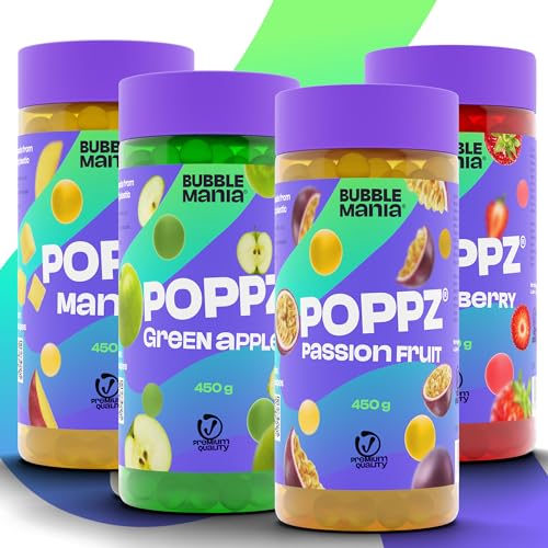 BubbleMania POPPZ® Bubble Tea Perlen | 4er Pack Fruchtperlen – Erdbeere, Mango, Maracuja, Grüner Apfel | Vegane Boba Tapioka Perlen für Getränke & Desserts von BubbleMania