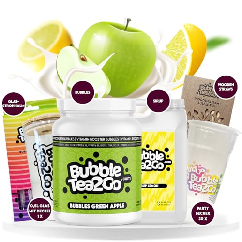 BubbleTea2Go - Apple Lemon Special Bundle - 100% Vegan, Halal - DIY Bubble Tea Set, Premium Bubble Tea Sirup und Bubbles - Einfache Zubereitung Boba Tea Kit zu Hause oder unterwegs von BubbleTea2Go