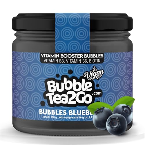 BubbleTea2Go - Blueberry Bubble Tea Perlen 100g, 100% Vegan, Halal, Bubbles aus Natürlicher Algae, Popping Boba Fruchtperlen, Boba Perlen für Bubble Tea Drink, Aromaperlen- Vitaminen B6, B12, Biotin von BubbleTea2Go