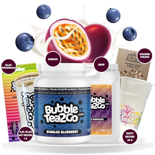 BubbleTea2Go - Blueberry Maracuja Special Bundle - 100% Vegan, Halal - DIY Bubble Tea Set, Premium Bubble Tea Sirup und Bubbles - Einfache Zubereitung Boba Tea Kit zu Hause oder unterwegs von BubbleTea2Go