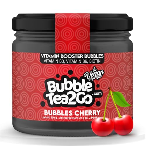 BubbleTea2Go - Cherry Bubble Tea Perlen 100g, 100% Vegan, Halal, Bubbles aus Natürlicher Algae, Popping Boba Fruchtperlen, Boba Perlen für Bubble Tea Drink, Aromaperlen- Vitaminen B6, B12, Biotin von BubbleTea2Go