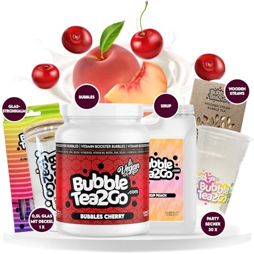 BubbleTea2Go - Cherry Peach Special Bundle - 100% Vegan, Halal - DIY Bubble Tea Set, Premium Bubble Tea Sirup und Bubbles - Einfache Zubereitung Boba Tea Kit zu Hause oder unterwegs von BubbleTea2Go