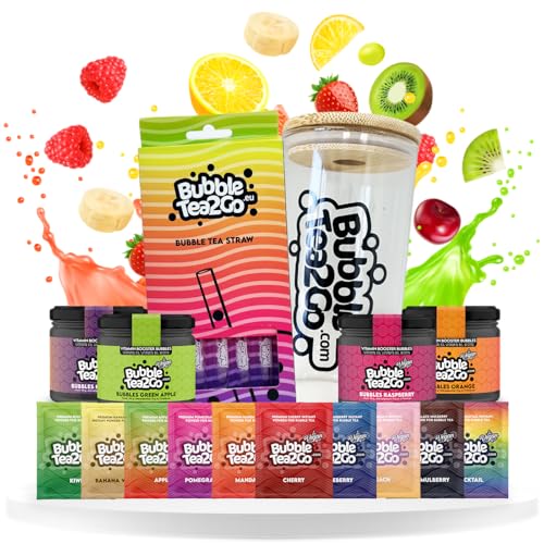 BubbleTea2Go - Großes Früchtemix Special Paket 10 x Premium Tea dazu 4x Bubbles dazu 5 Glasstrohhalme dazu 1 Bubbletea Glas von BubbleTea2Go