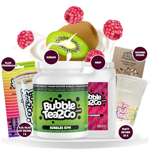 BubbleTea2Go - Kiwi Raspberry Special Bundle - 100% Vegan, Halal - DIY Bubble Tea Set, Premium Bubble Tea Sirup und Bubbles - Einfache Zubereitung Boba Tea Kit zu Hause oder unterwegs von BubbleTea2Go