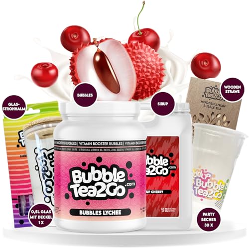 BubbleTea2Go - Litchi Cherry Special Bundle - 100% Vegan, Halal - DIY Bubble Tea Set, Premium Bubble Tea Sirup und Bubbles - Einfache Zubereitung Boba Tea Kit zu Hause oder unterwegs von BubbleTea2Go